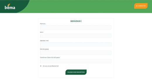 la page de création de compte de l'application Béma
