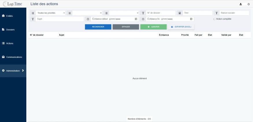 la page d'actions de l'application LegiLc